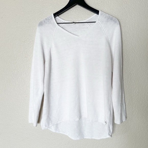 Eileen Fisher 100% Linen Pullover Sweater White 3/4 Sleeve V-Neck Women’s Size L - Picture 1 of 8